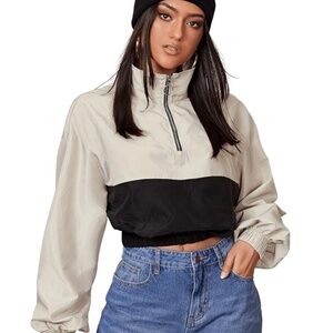 Missguided Two Toned Cropped Windbreaker Jacket Cream and Black Outerwear